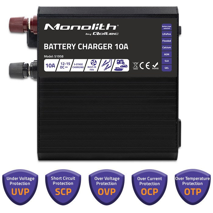 Qoltec Smart Monolith Battery Charger for LiFePO4 AGM GEL SLA Batteries 10A 12V