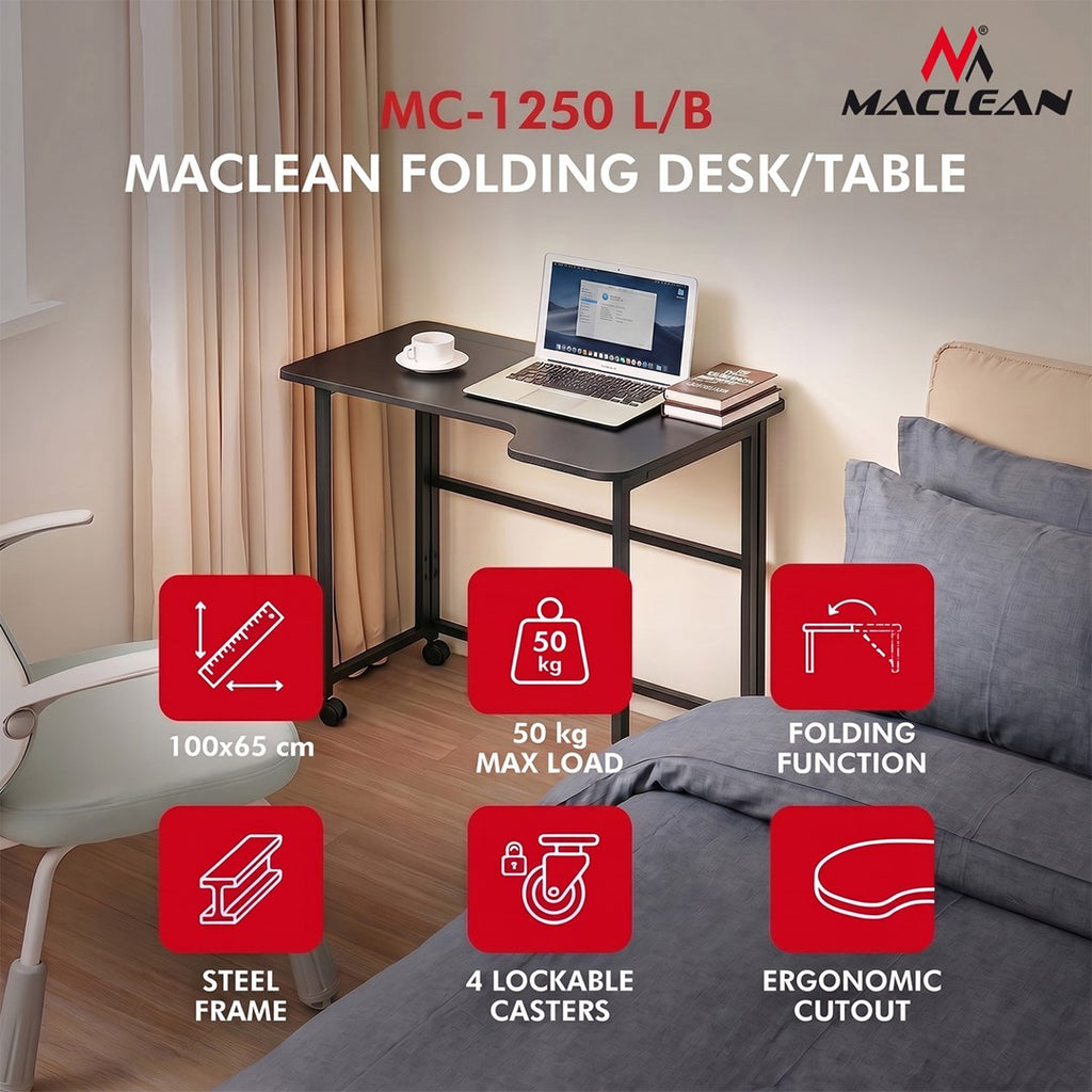 Maclean Folding Desk MC-1250 L/B, 100x65 cm, Max Load 50 kg, Lockable Wheels, Black