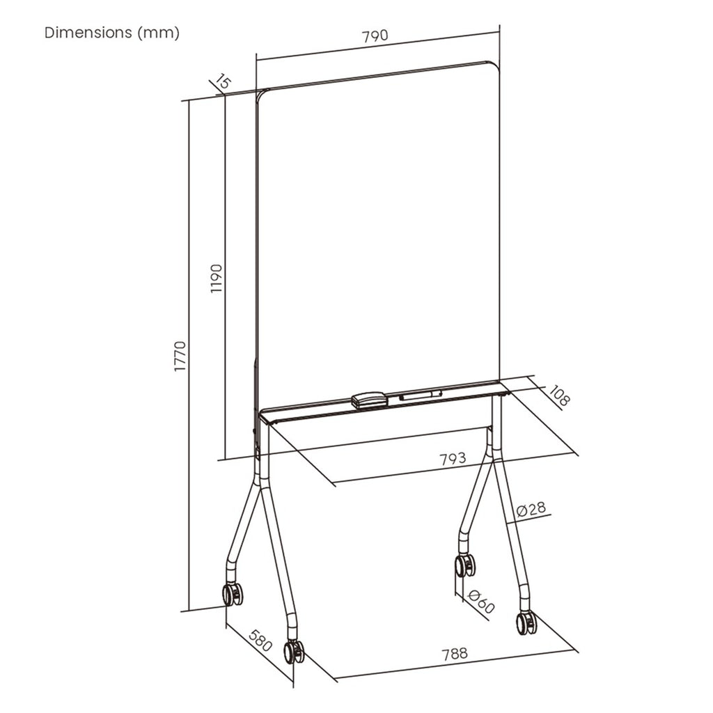 Ergo Office mobile dry erase board  vertical orientation  white  single sided  with shelf  board dimensions 1190x790mm  ER-305