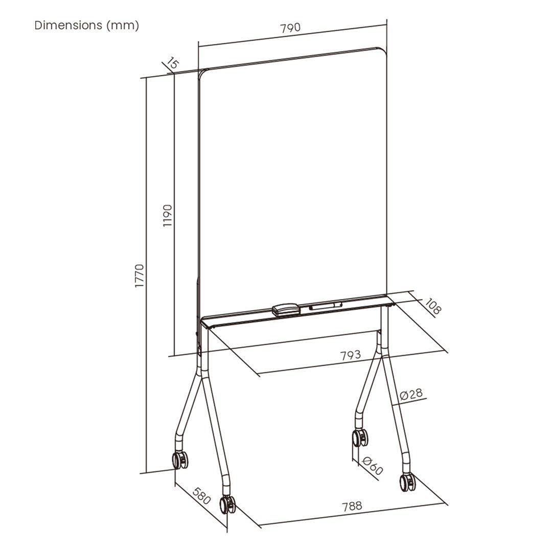 Ergo Office mobile dry erase board  vertical orientation  white  single sided  with shelf  board dimensions 1190x790mm  ER-305