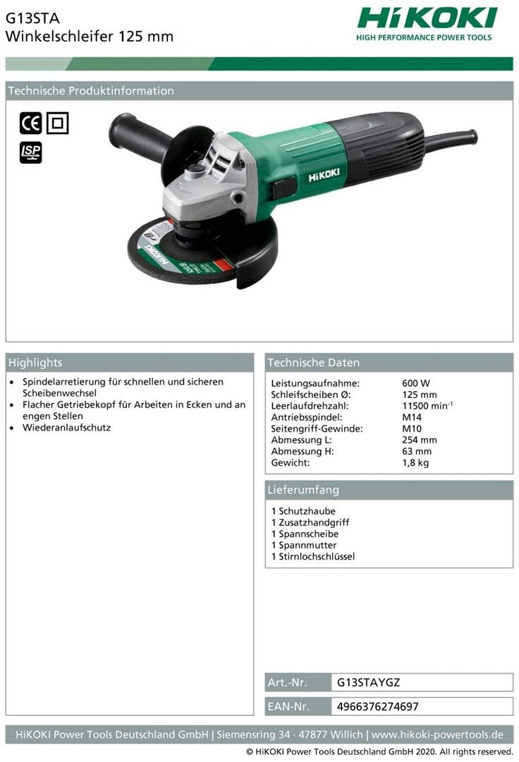 Hikoki G13STA Angle Grinder 125 mm 600W