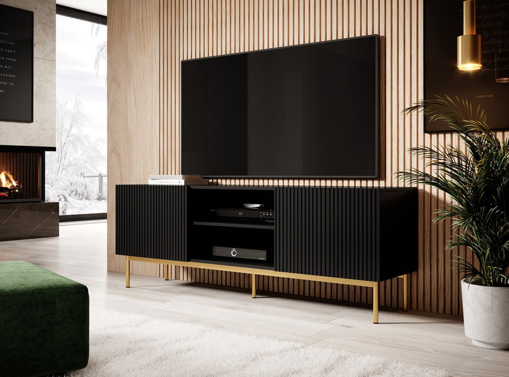PAFOS RTV Cabinet on Golden Steel Frame 150x40x60 Matte Black - 2 Doors, 3 Shelves