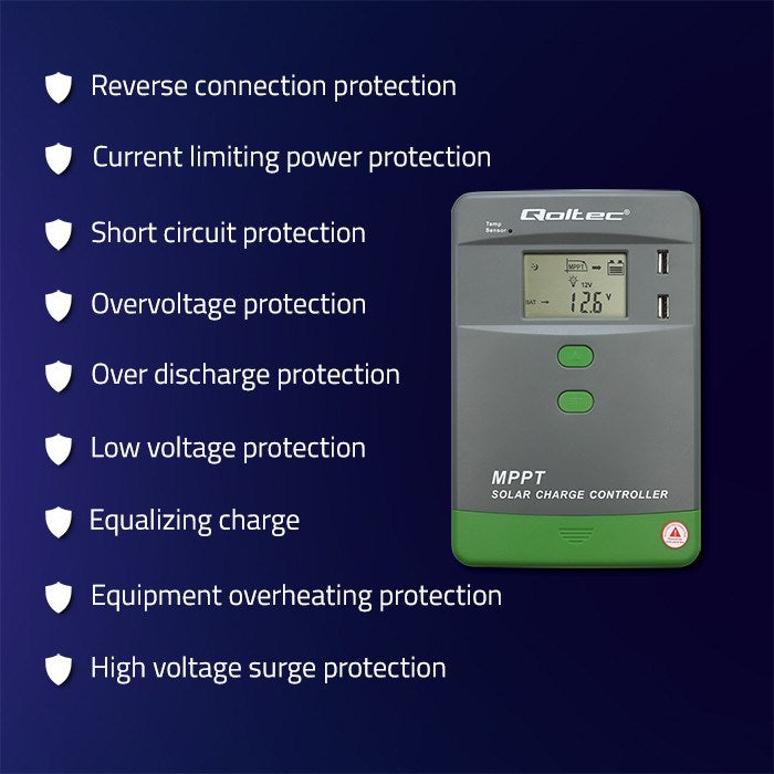 Qoltec Solar Charge Controller MPPT with Temperature Sensor - Advanced Energy Management