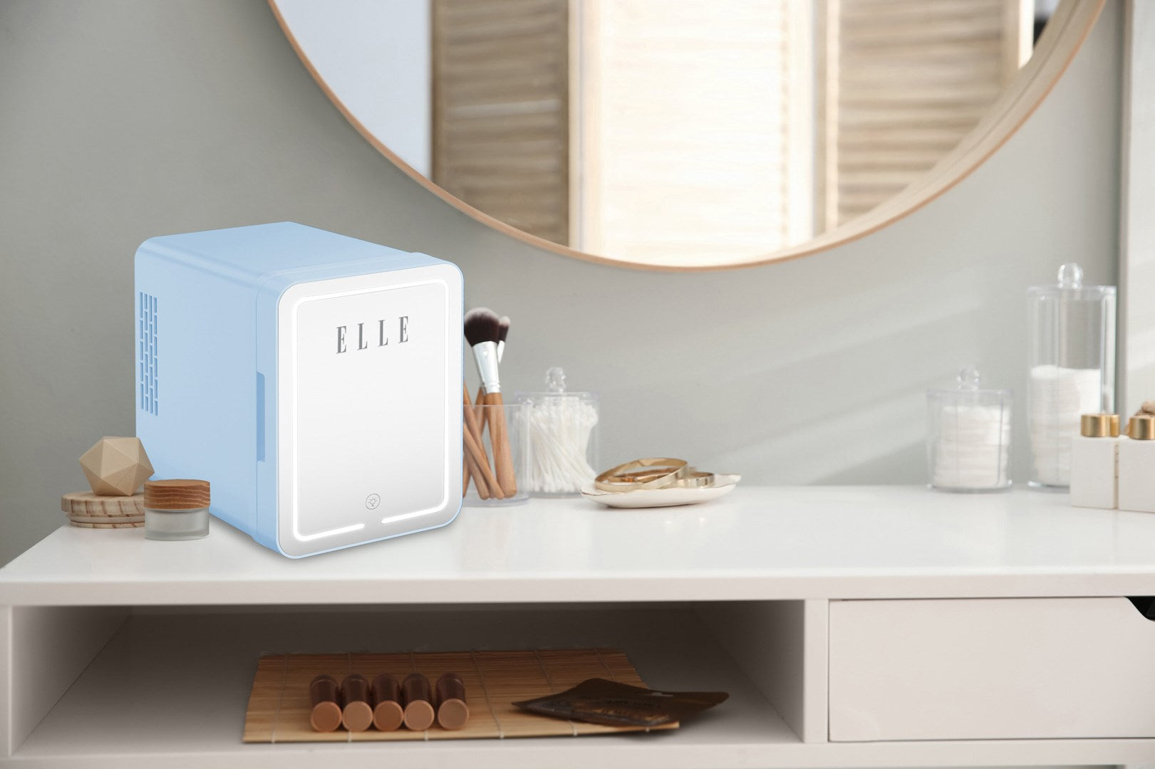 ELLE 4 L Mini Fridge with LED Makeup Mirror Blue
