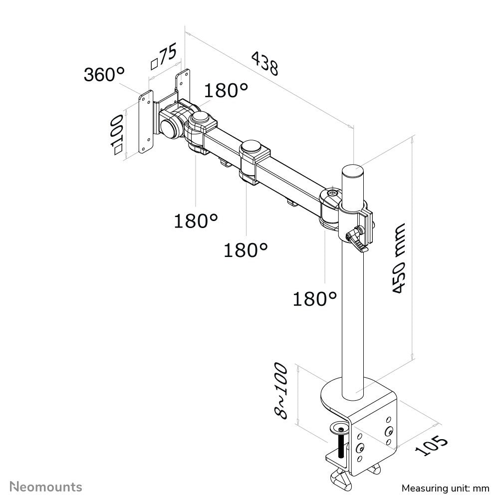 Neomounts FPMA-D960 - Mounting Kit - for LCD Display (Full-Motion) - Black - Screen Size: 25.4-76.2 cm (10"-30") - Clamp Mounting, Table Mounting