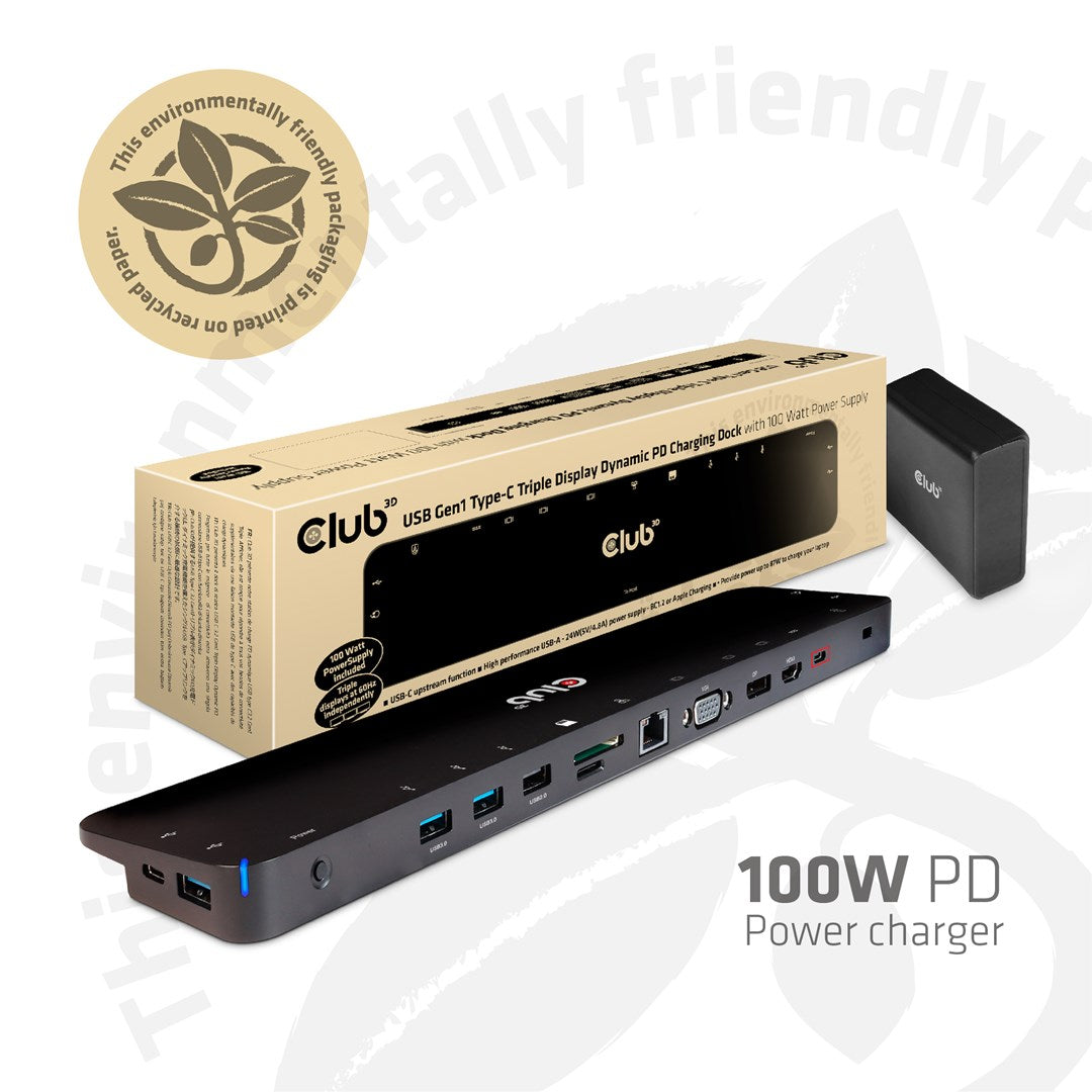 Club3D Docking Station - USB-C 3.2 Gen 1 - VGA, HDMI, DP - 100 Watt (CSV-1564W100)