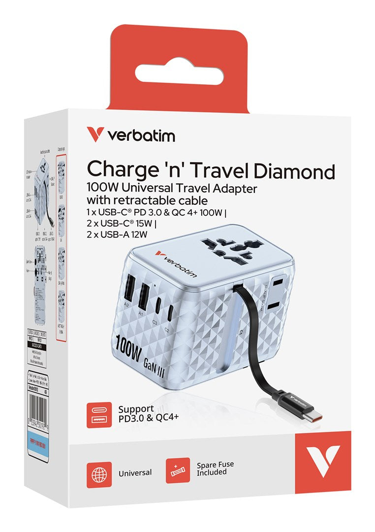 Verbatim Universal Travel Adapter 100W, Retractable Cable, Model 30192