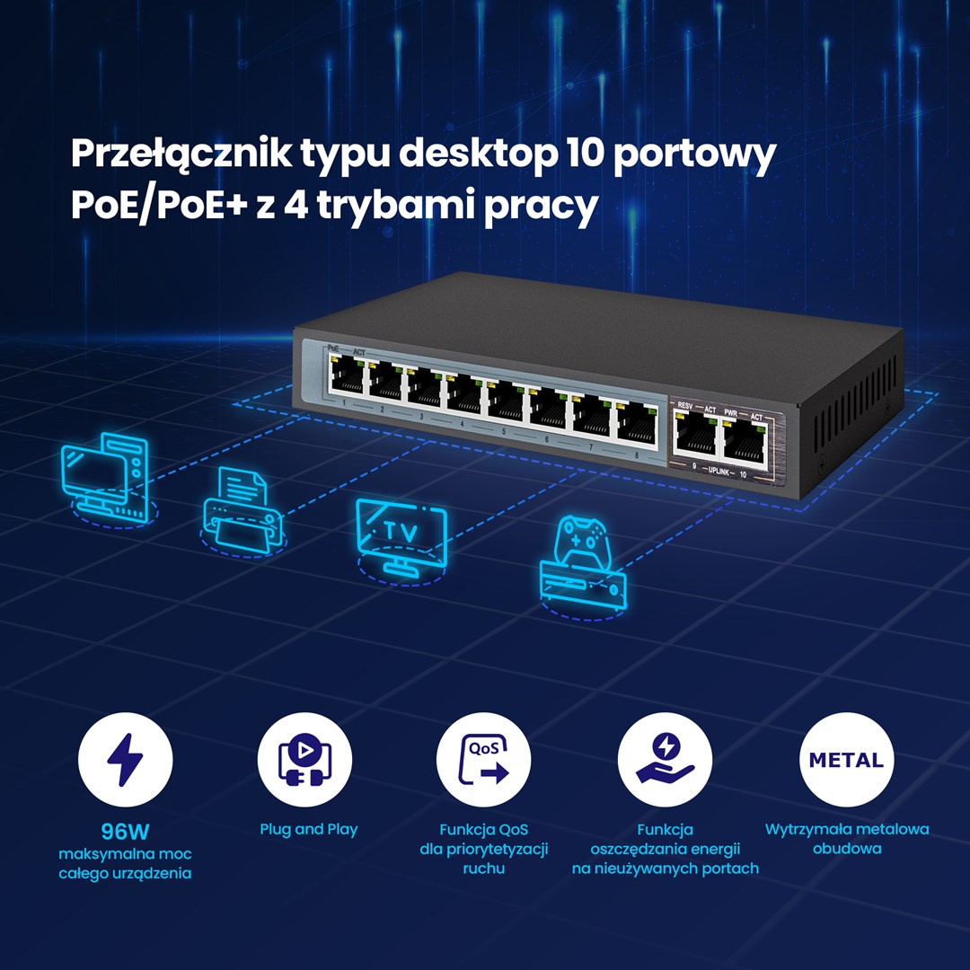 Extralink CERES PoE Switch 8x 100Mb/s 2x RJ45 Uplink 96W