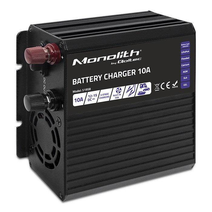Qoltec Smart Monolith Battery Charger for LiFePO4 AGM GEL SLA Batteries 10A 12V