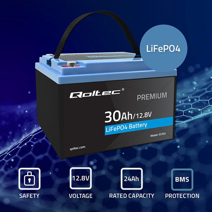 Qoltec LiFePO4 Battery 12.8V 30Ah 384Wh Rechargeable Model 53703