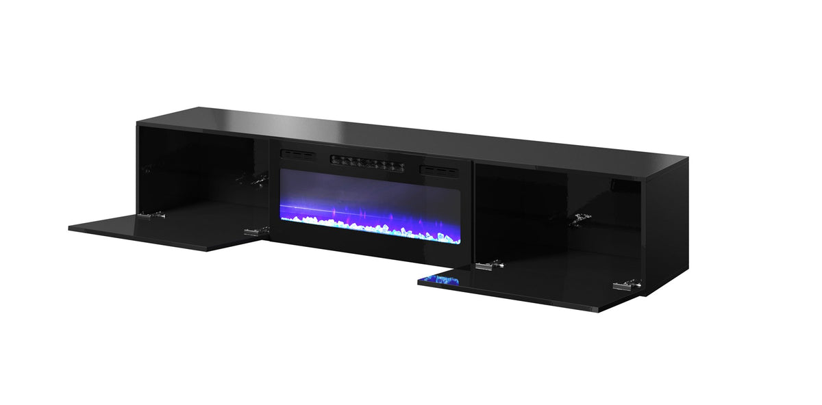 Cama MEBLE TV Cabinet with Electric Fireplace, Gloss Black Finish, 2000x400x875 mm, Model SLIDE 200K+K CZ