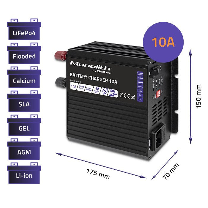 Qoltec Smart Monolith Battery Charger for LiFePO4 AGM GEL SLA Batteries 10A 12V