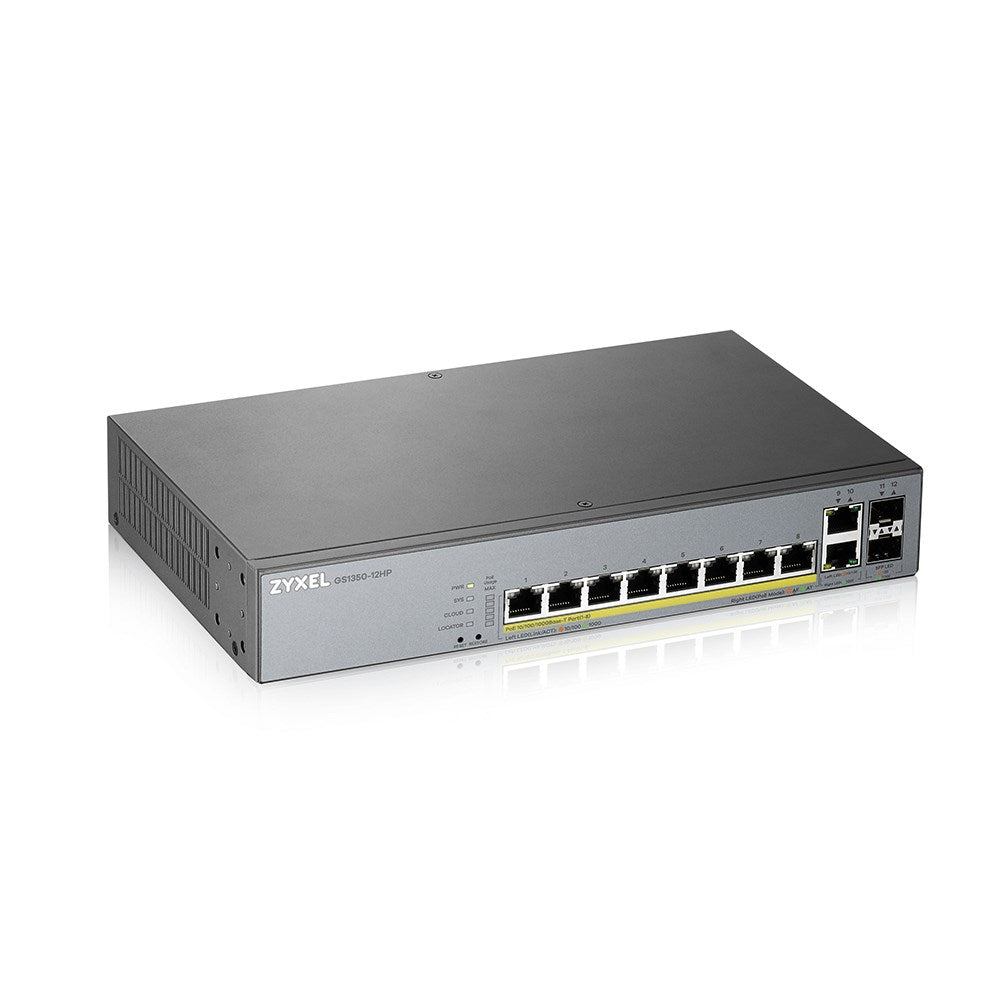 Zyxel GS1350-12HP - Smart Switch - 8 x 10/100/1000 (PoE+) + 2 x 10/100/1000 (Uplink) + 2 x Gigabit SFP (Uplink) - Desktop, Rack