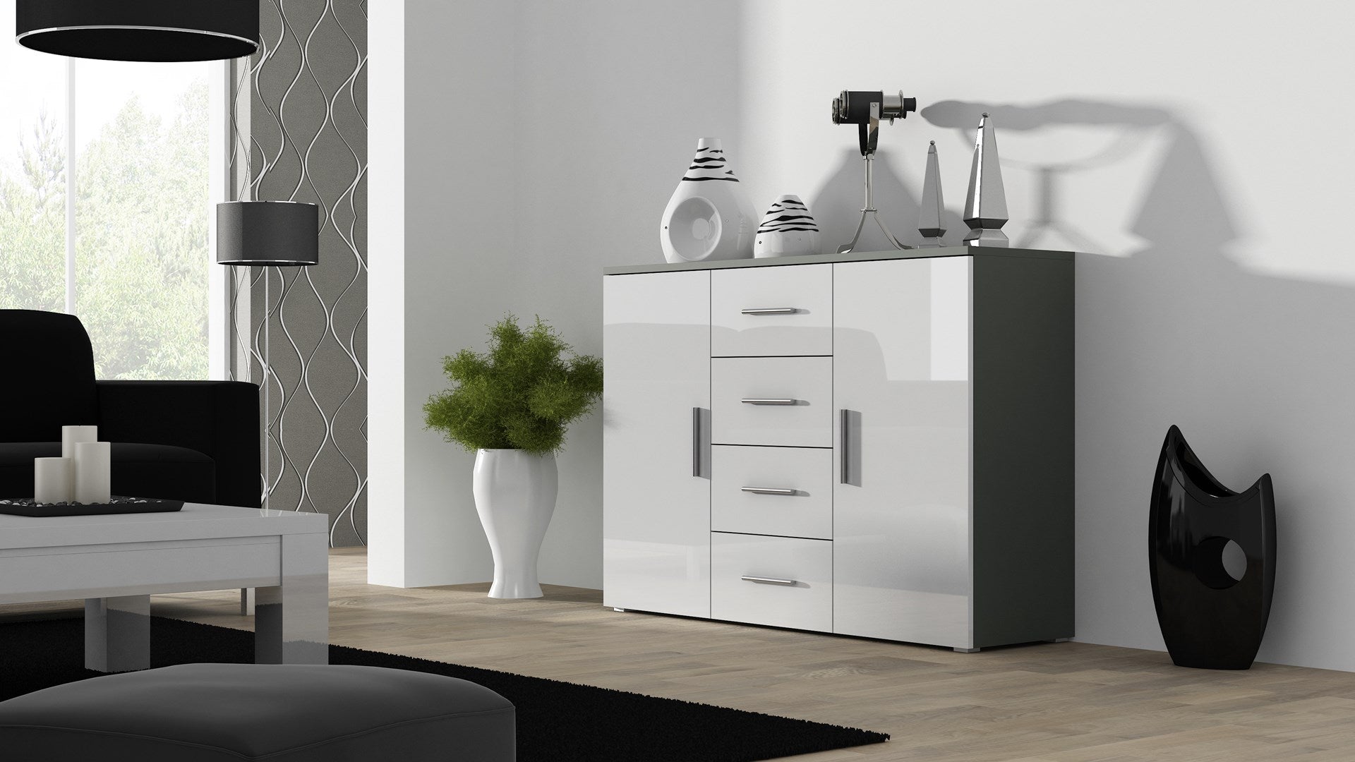 Cama Living Room Sideboard UNI Grey/White Gloss