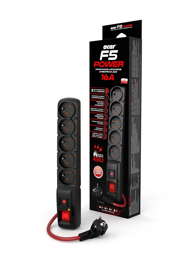 ACAR F5 POWER Black Power Strip with 5 AC Outlets 10 m 230V