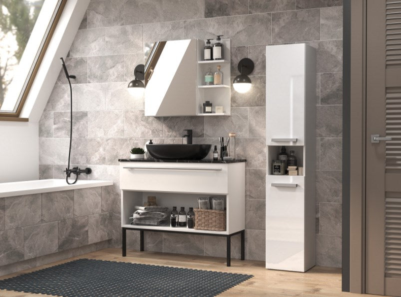 Bathroom Cabinet NEL III 31x30x174 cm Gloss White with Basket