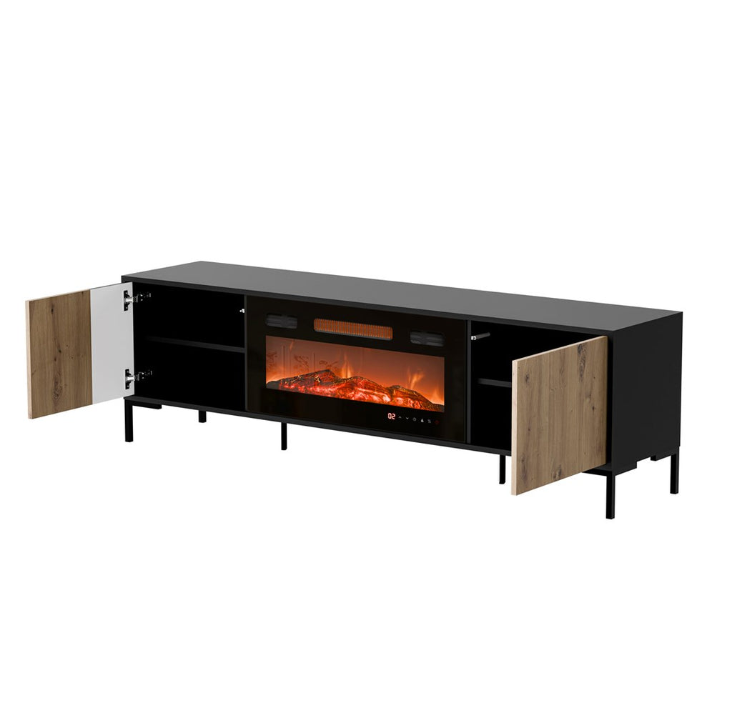 Cama MEBLE TV Cabinet with Electric Fireplace, 1800 mm Width, Black and Oak Finish, Model MERCI 400011+k