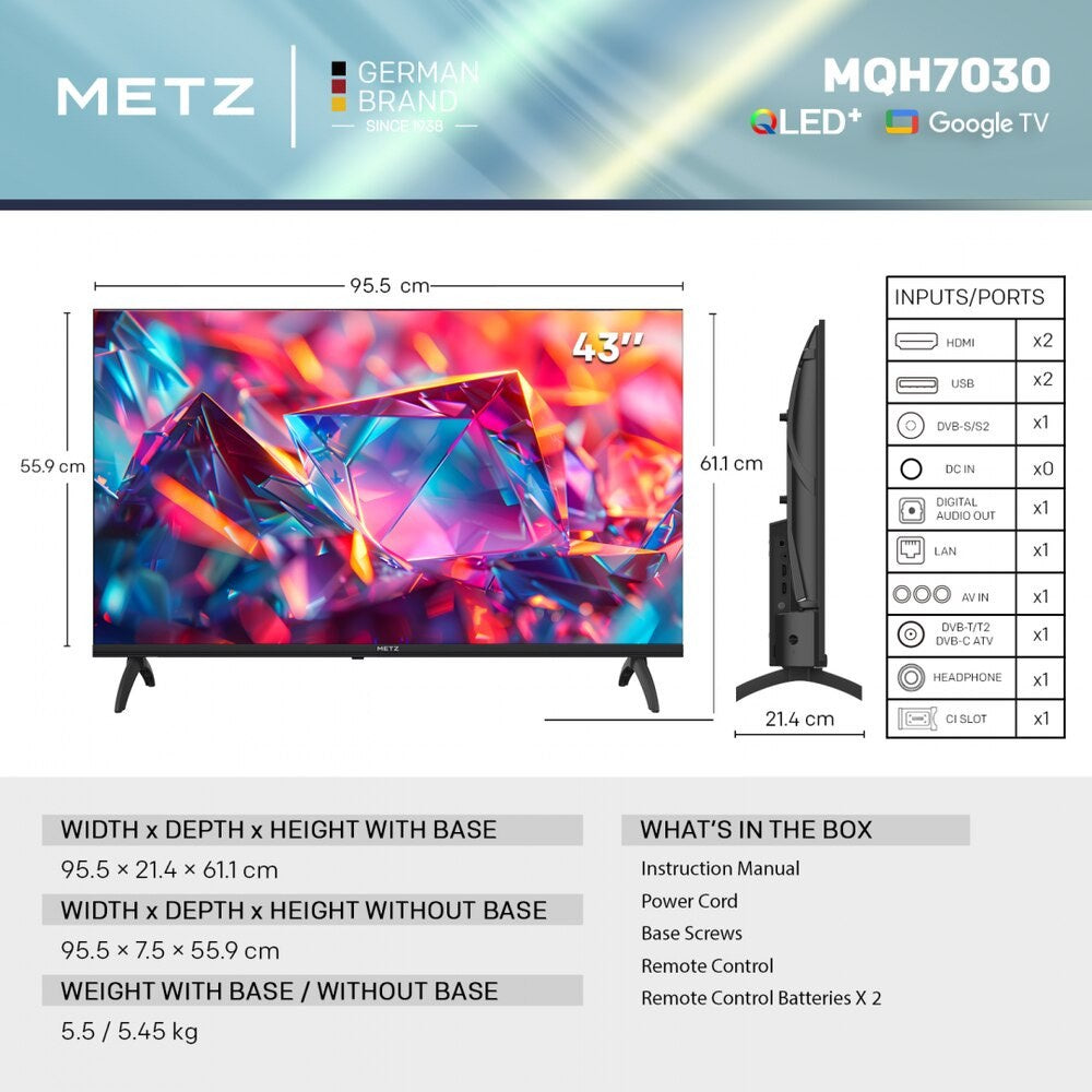 Metz 43" Full HD Smart TV, 1920 x 1080 pixels, Model 43MQH7030Z
