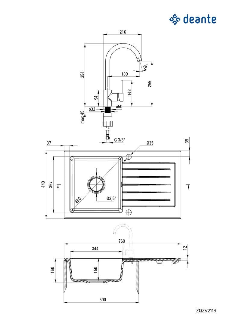 Granite Sink 76x44cm with Deante Zorba Fitting 1-Bowl