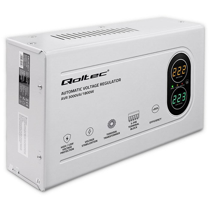 Qoltec Voltage Stabilizer 3 kVA 50450 - Automatic Regulation, 7930 g, 460x260x108 mm