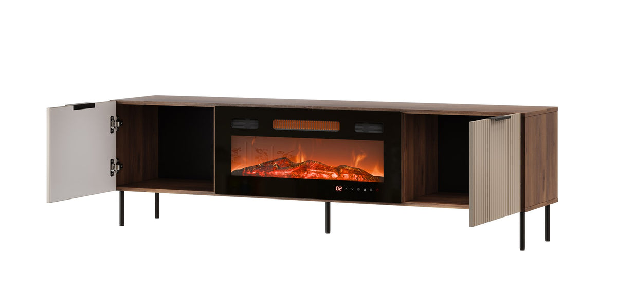 Cama MEBLE TV Cabinet ALMERA 1805 mm with Electric Fireplace, Walnut/Cashmere, Self-Assembly
