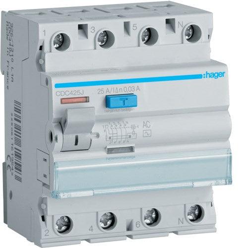 Hager CDC425J Residual Current Circuit Breaker 4P 25A 30mA