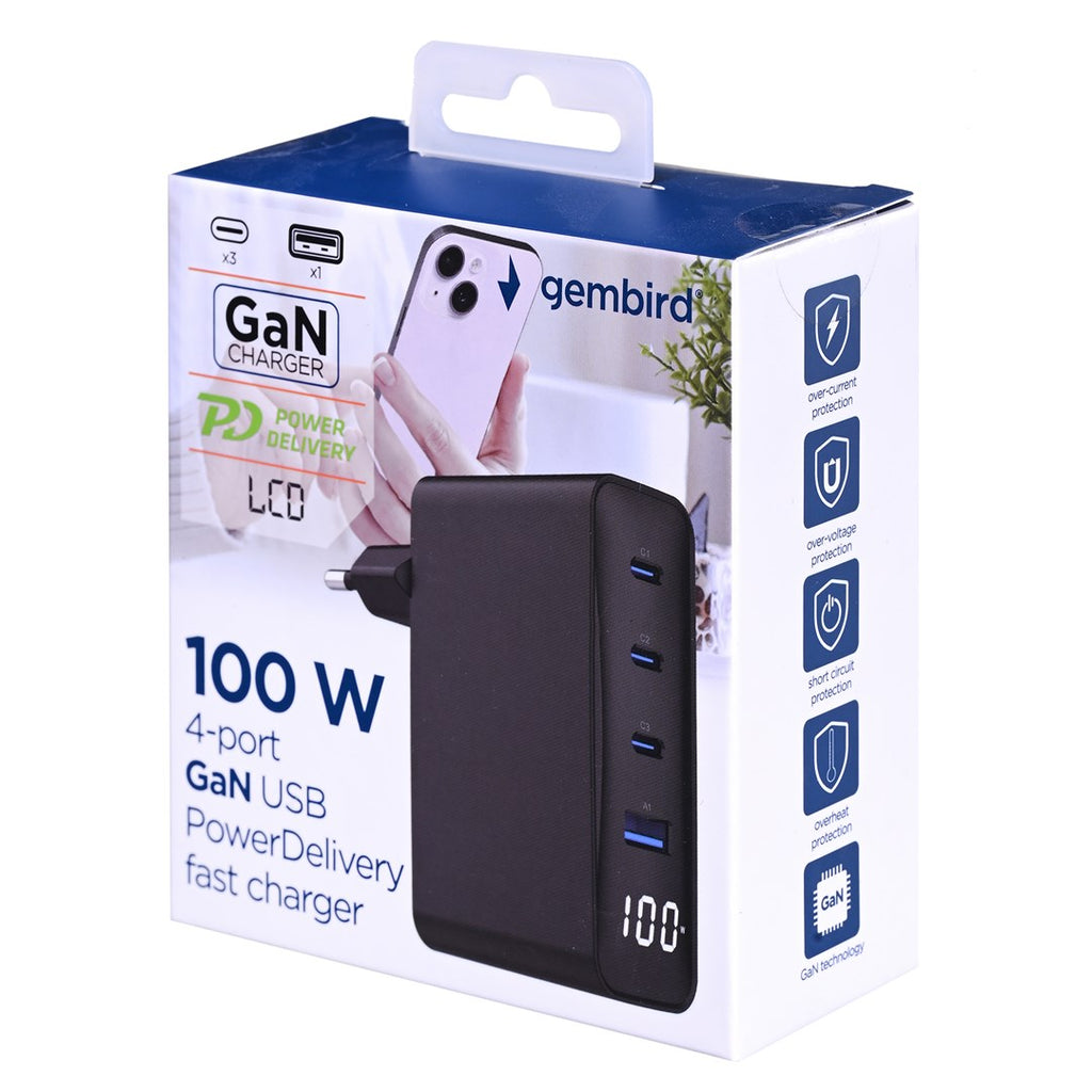 Gembird TA-UC-PDQC100LCD-01-BK Mobile Charger 100W Black