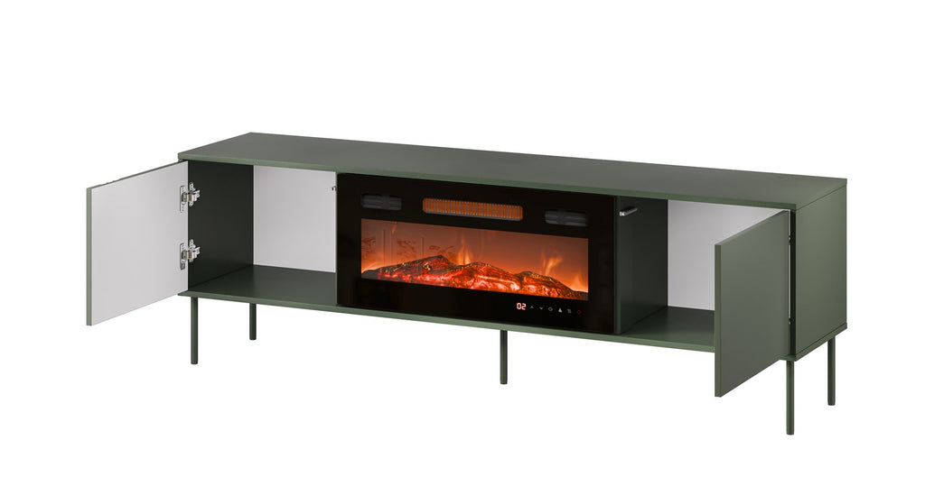 Cama MEBLE TV Cabinet with Electric Fireplace, 1800 mm Width, Matte Green, Model TRESSE 400083+K