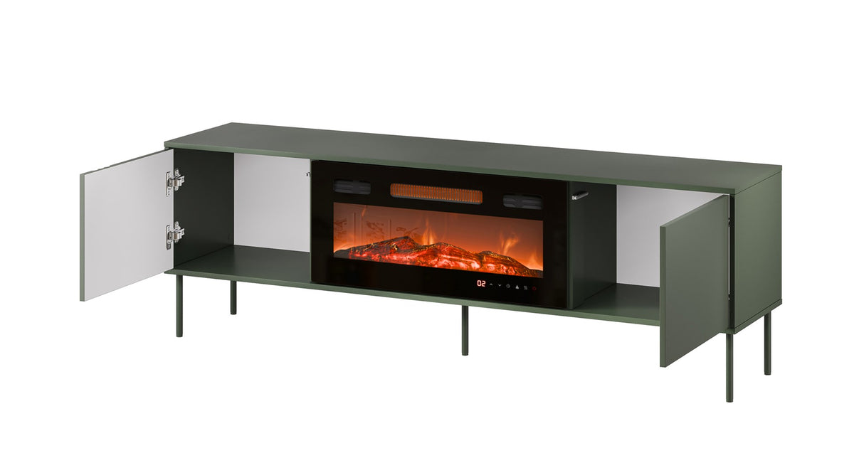 Cama MEBLE TV Cabinet with Electric Fireplace, 1800 mm Width, Matte Green, Model TRESSE 400083+K