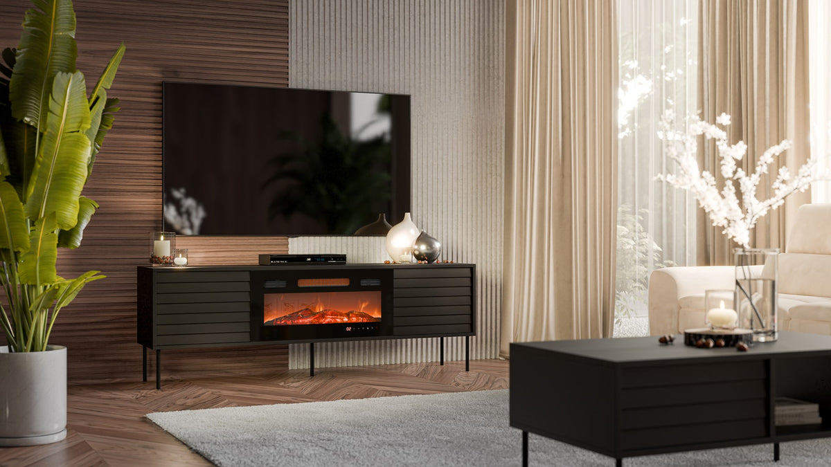 Cama MEBLE TV Cabinet CORTINA 1800 mm with Electric Fireplace, Black, Self-Assembly