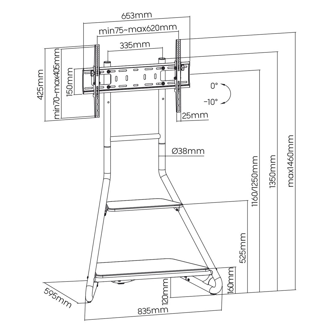 Maclean MC-455 Freestanding Corner TV Stand in Bauhaus Style  Free-standing TV Holder with Two Levels  Made of Wood  Load Capacity up to 10 kg  TV Mount up to 40 kg  37-75''  Max. VESA 600x400  Max. Height 1460mm