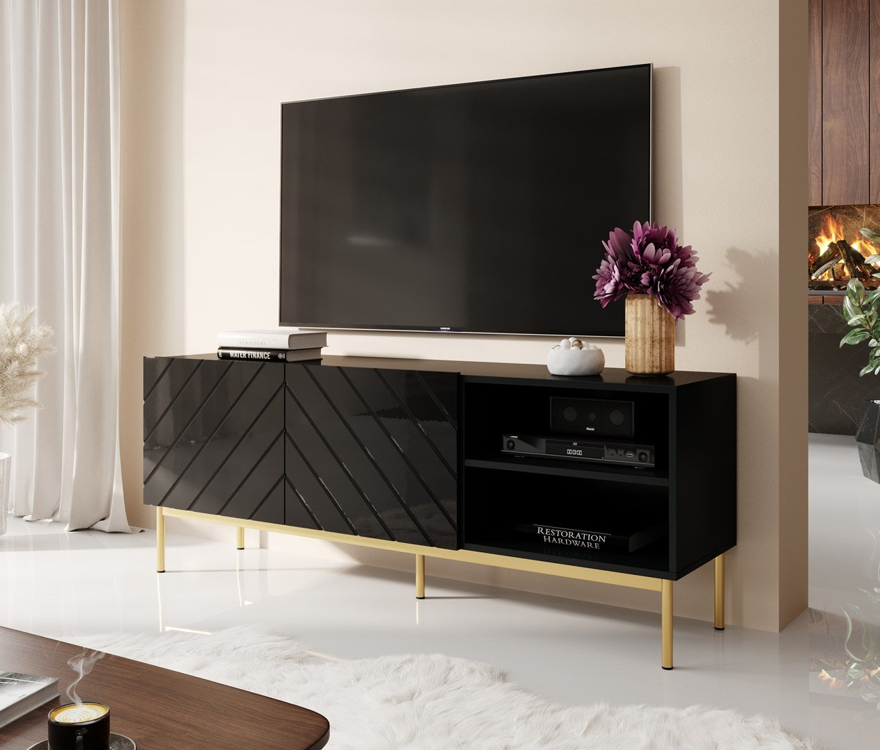 ABETO RTV Cabinet on Golden Steel Frame 150x42x60 Black/Gloss Black - 2 Doors, 3 Shelves