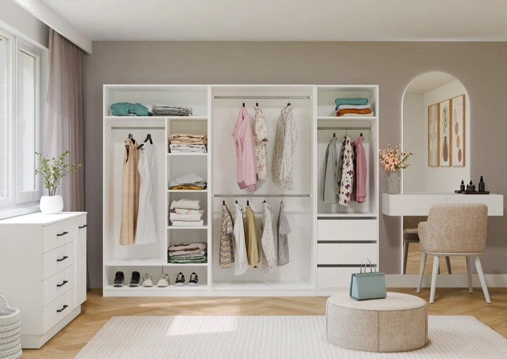 OPENO 1W1P3S WHITE Wardrobe – Modular Wardrobe with Clothes Rail and 3 Drawers