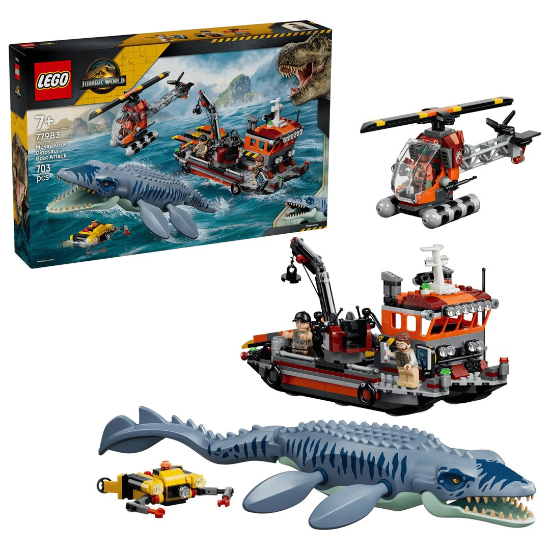 LEGO JURASSIC WORLD Mosasaurus Dinosaur Boat Attack Set, 703 Elements, 3 Minifigures, Model 77983