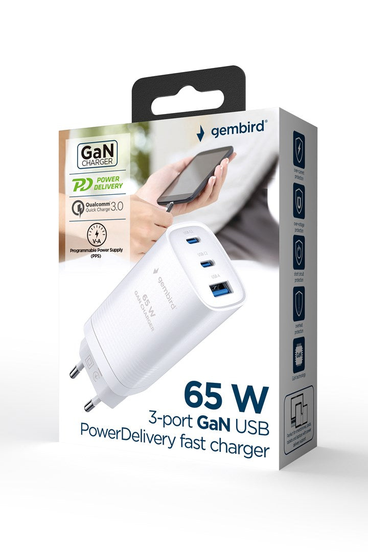 Gembird TA-UC-PDQC65-01-W 3-Port 65W GaN USB Power Delivery Fast Charger White