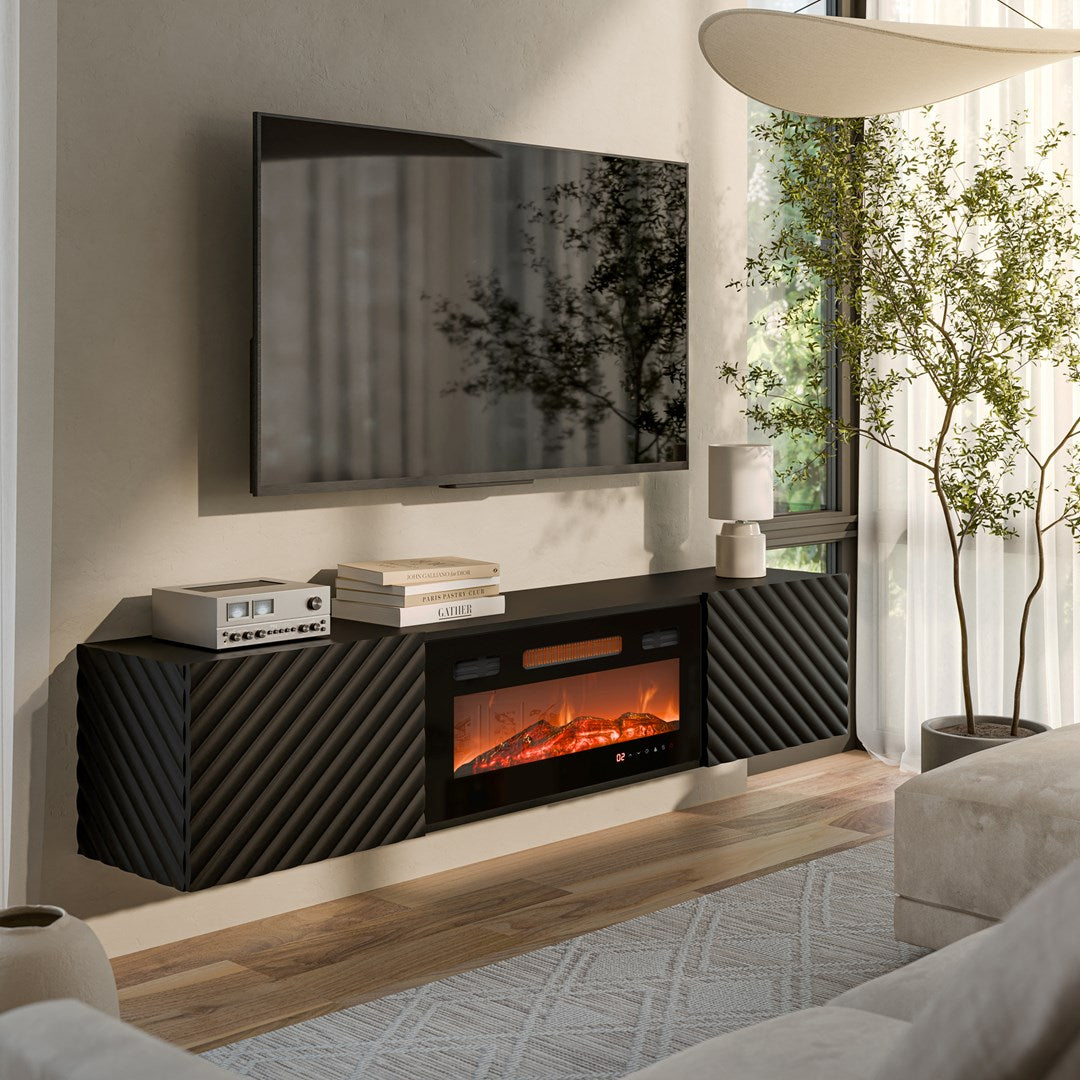 Cama MEBLE Cabinet with Electric Fireplace, Black Matt Finish, 1830x350x1950 mm, Model LARA 301183
