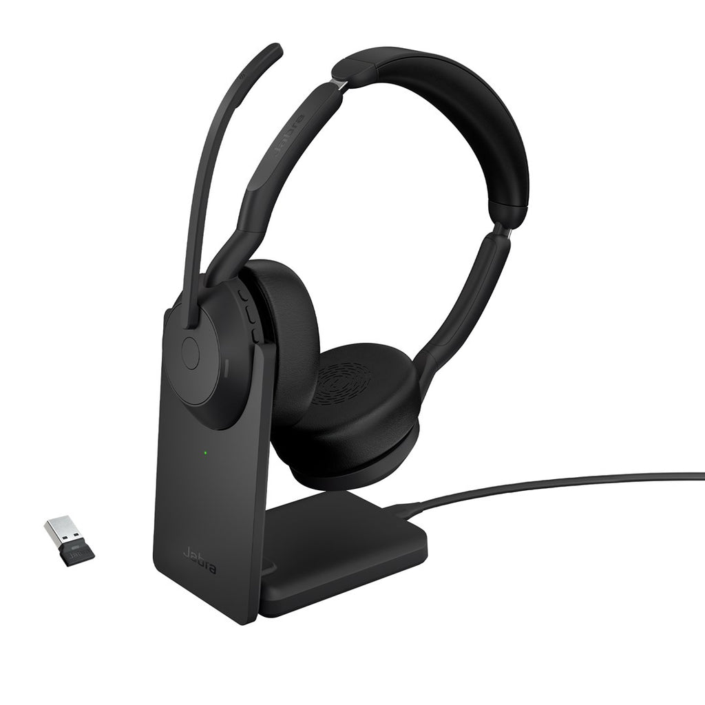 GN Jabra Jabra Evolve2 55 UC Stereo - Headset - On-Ear - Bluetooth - kabellos - aktive Rauschunterdrückung - USB-C, USB-A - Schwarz - mit Ladestation - Zoom Certified, Cisco Webex Certified, optimiert für UC, Alcatel-Lucent-zertifiziert, Av