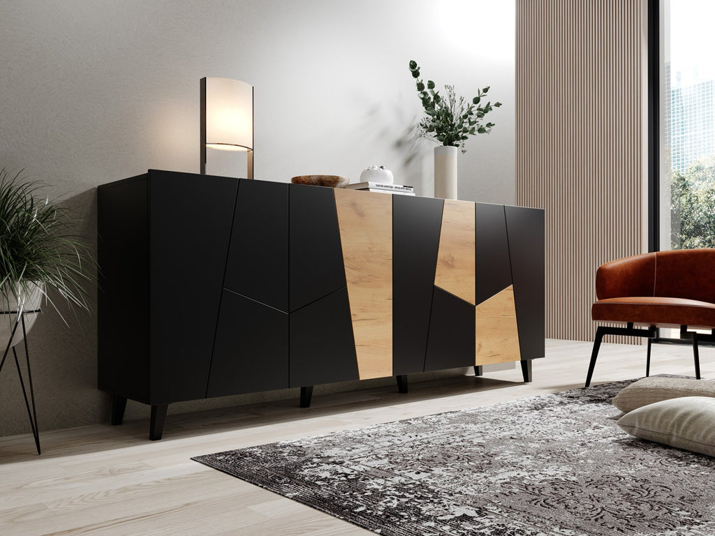 ETNA Chest of Drawers 200x42x82 Black Matte + Oak Craft