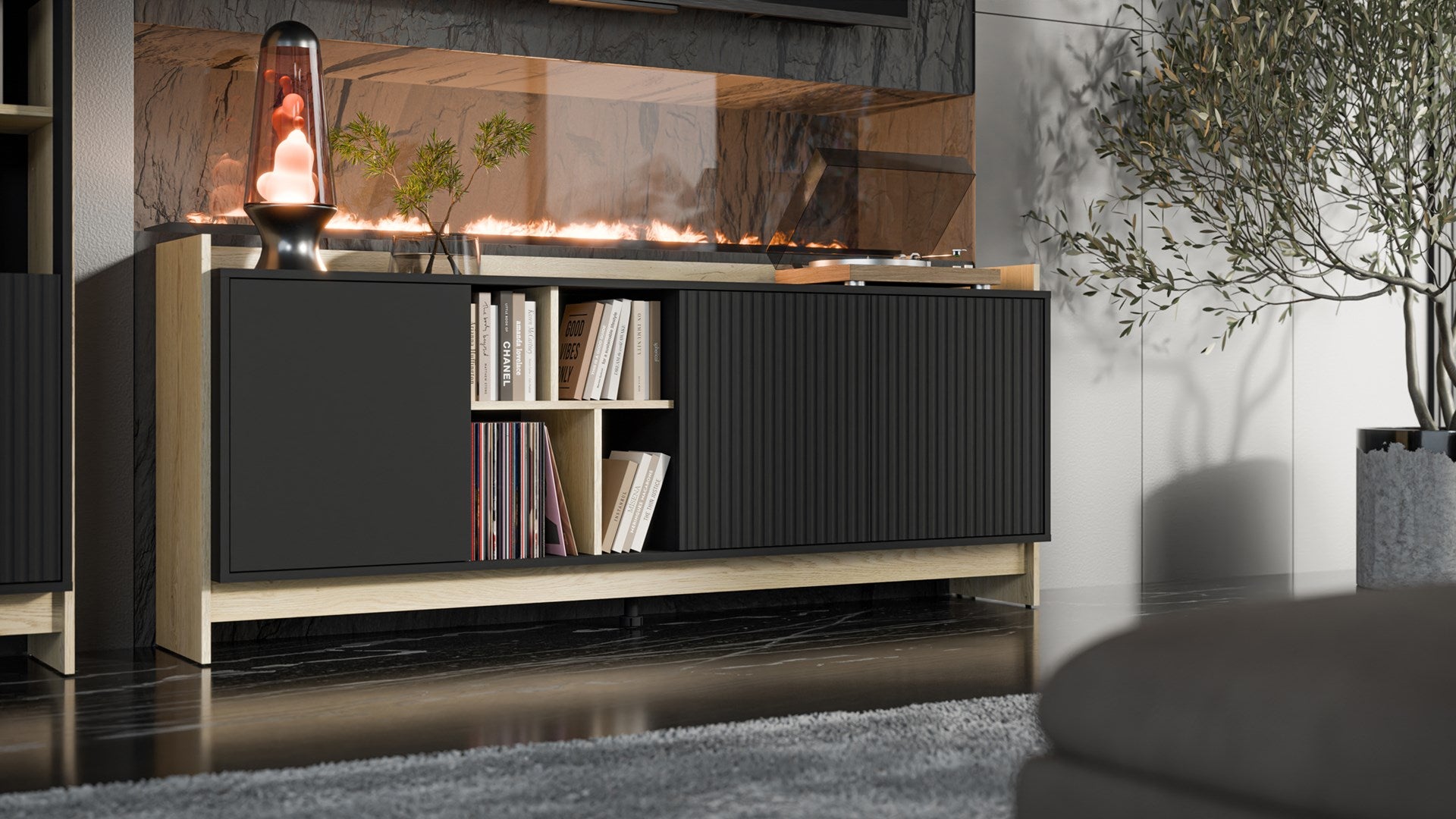 Cama PORTO 3D Chest of Drawers 190 x 38 x 77 cm Oak/Black 190x38x77