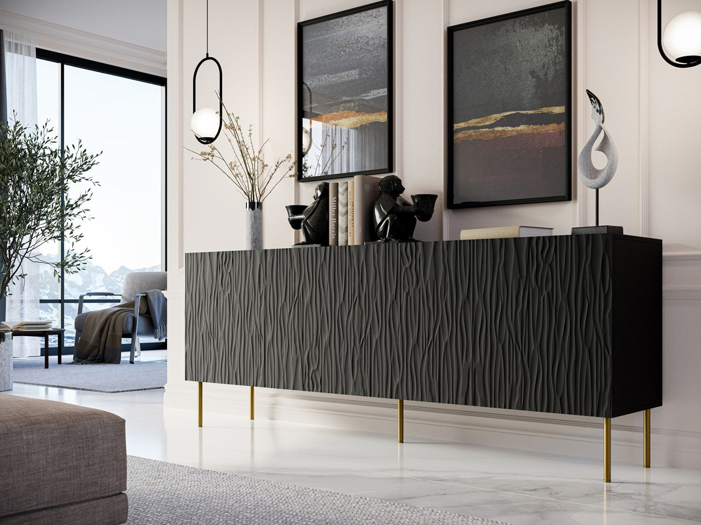 JUNGLE Chest of Drawers 190x40.5x74.5 Black Matte + Golden Legs