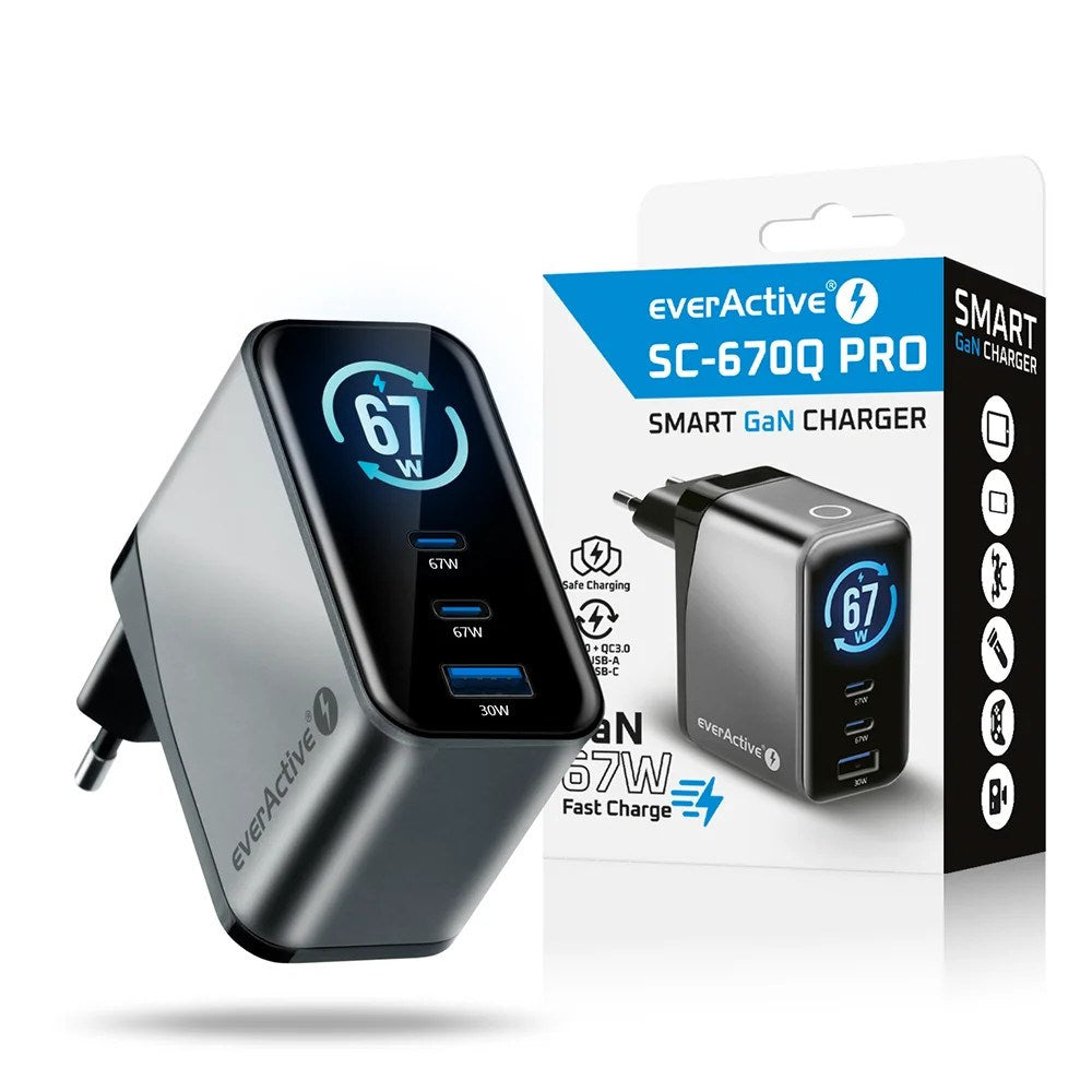 Charger GaN 1 x USB  2 x USB-C Quick Charge 4+ 67W black
