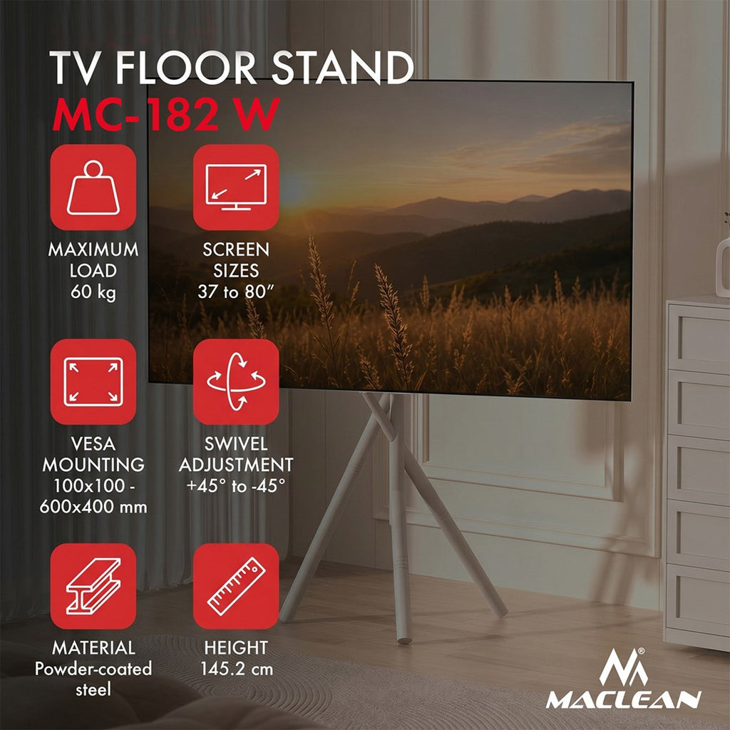 Maclean Freestanding TV Floor Mount for 37" to 80" Screens, Max Weight 60 kg, MC-182 W