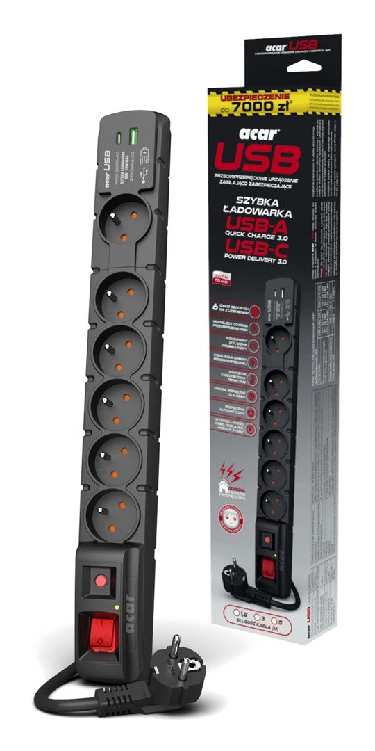 LISTWA ZASILAJĄCA ACAR S6 USB A+C 5M 6X 230V PL PD 3.0 QC CZARNA