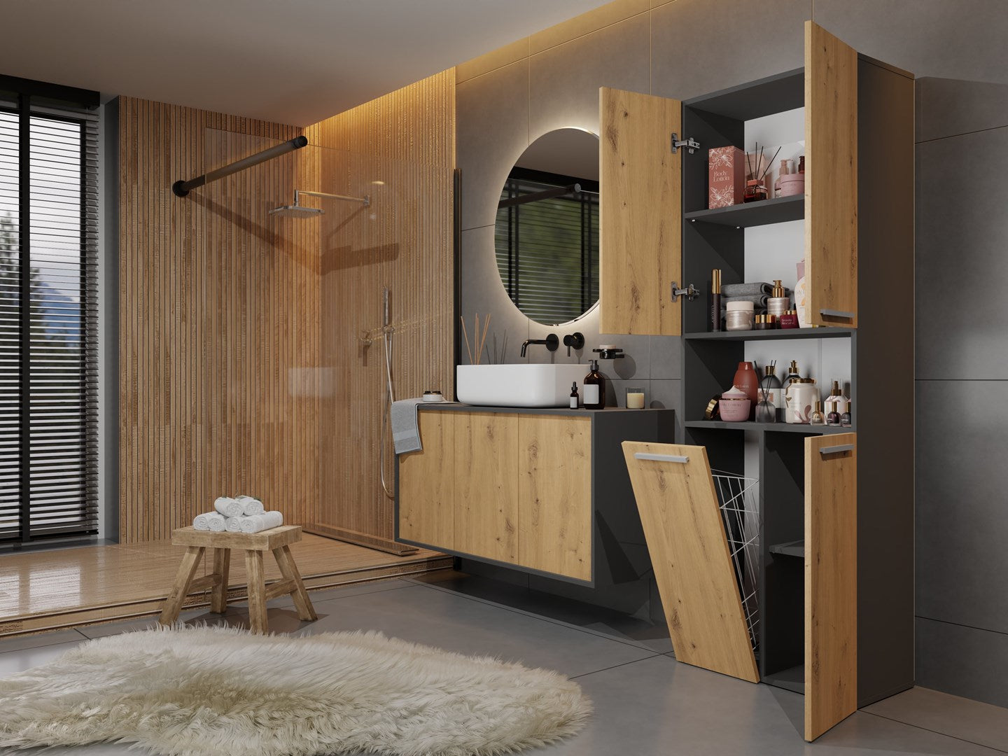 Topeshop Bathroom Storage Cabinet NEL 1K DK ANT/ART KP Graphite Oak