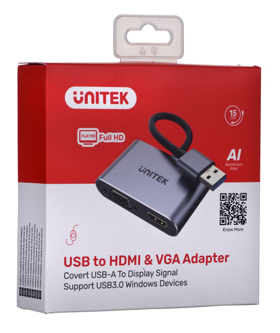 UNITEK V1304A video cable adapter 0.15 m USB Type-A HDMI + VGA (D-Sub) Grey