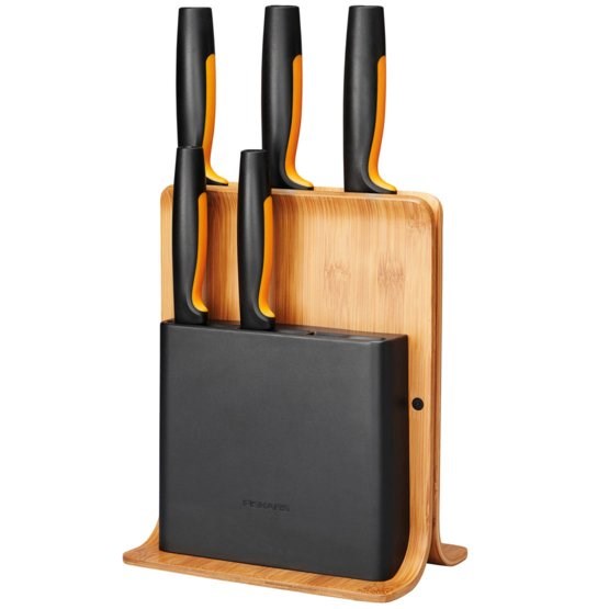 Fiskars 1057552 Bambus Design-Messerblock mit 5 Messern Functional Form, Inklusive Gemüsemesser, Tomatenmesser, Santoku Kochmesser und Bredmesser, Bambus/Kunststoff, 1057552, 25.16 cm (1057552)