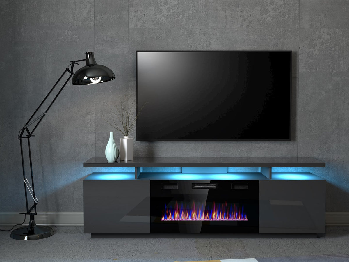 Cama MEBLE TV Cabinet EVA 1800 mm with Electric Fireplace, Graphite, Self-Assembly