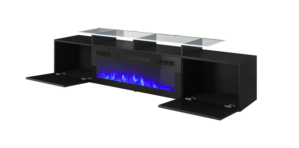 Cama MEBLE TV Cabinet ROVA RTV with Electric Fireplace, Black/Black Gloss, 1900x370x2020 mm