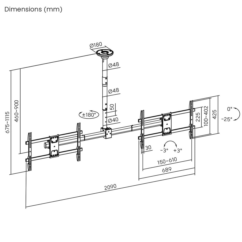 Maclean Dual Ceiling Mount for Two TVs max load 2x40kg 34-60 inch max VESA 600x400 MC-111 B