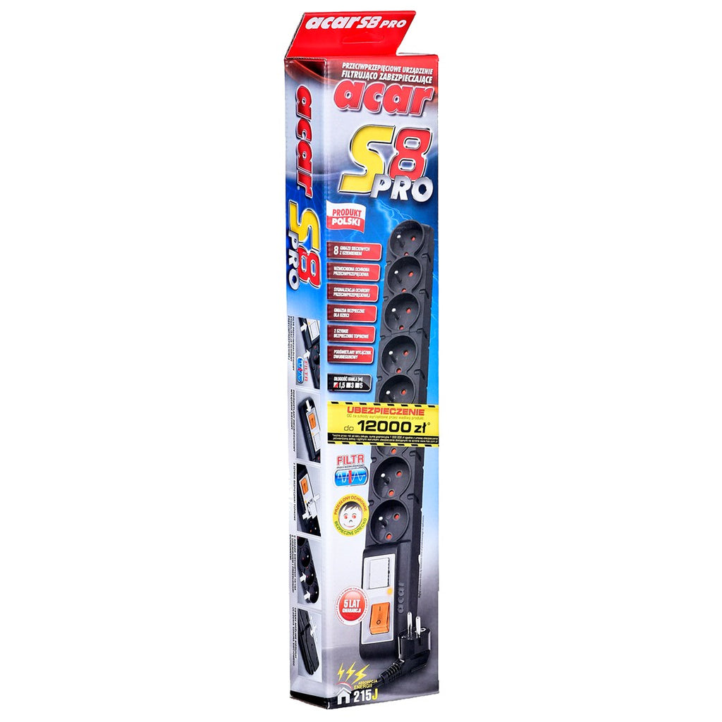 Acar S8 PRO Surge Protector 8 Sockets 1.5 m Black
